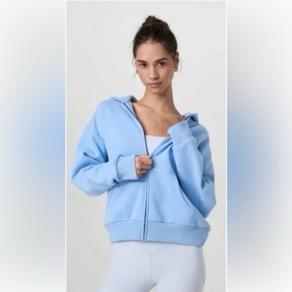 Vuori Restore Full Zip hoodie in the color “spring” blue. - Picture 3 of 8